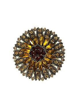 Vintage Style Amber Rhinestone Sunburst Brooch Gold Tone Floral Pin Mid 2000s St